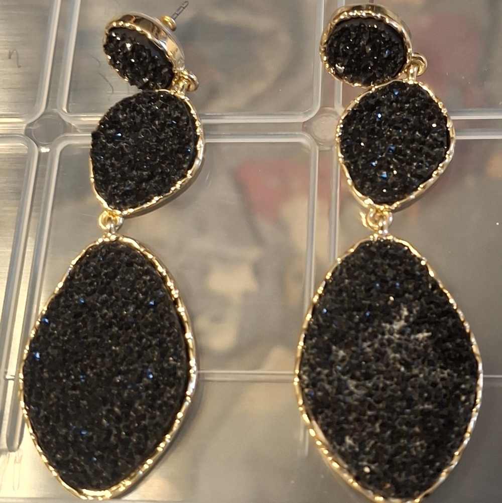 Gold-Trim Black Druzy Drop Earrings